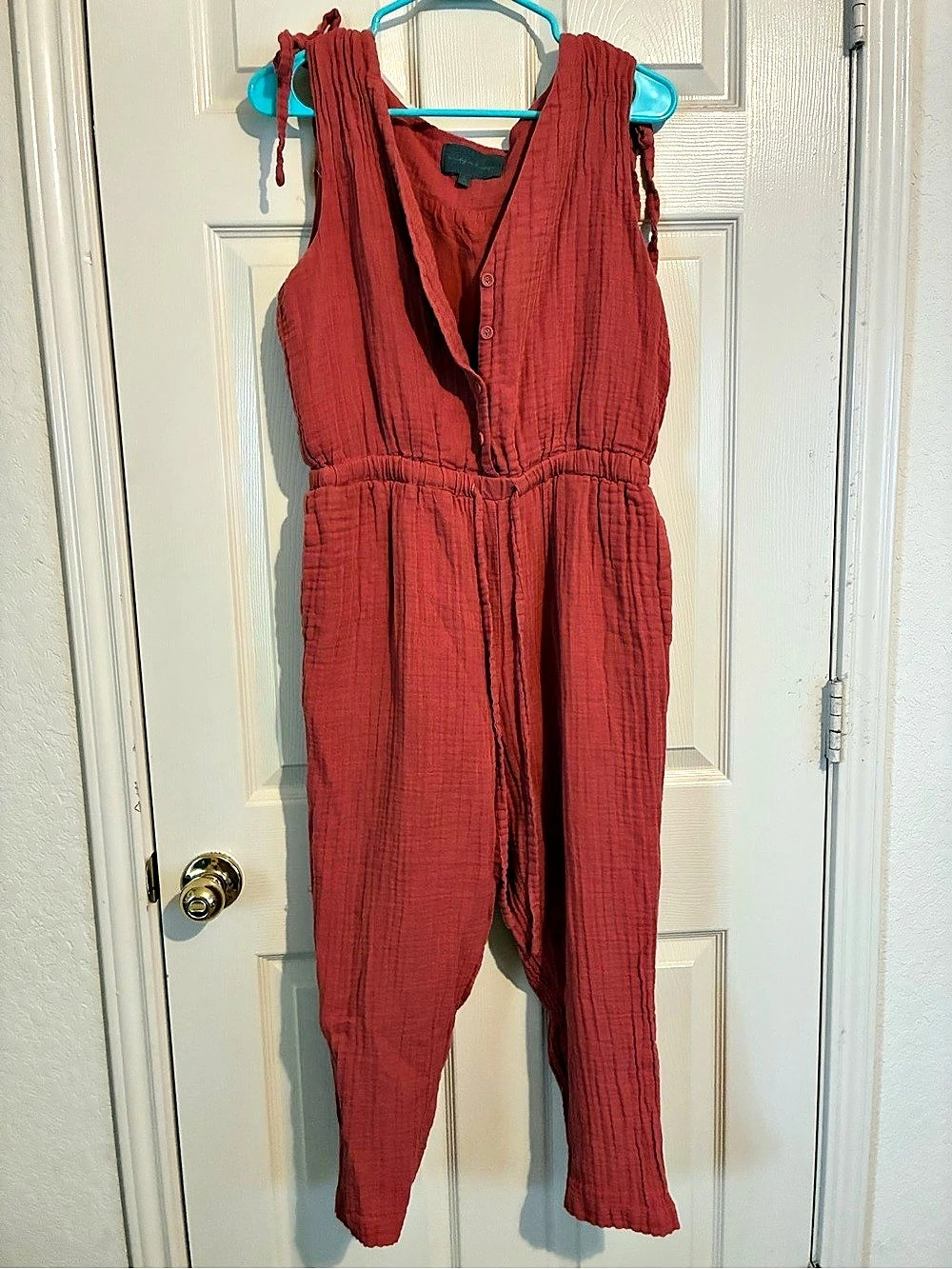 Sunday in Brooklyn Cotton/Linen Jumpsuit in Red Size Medium